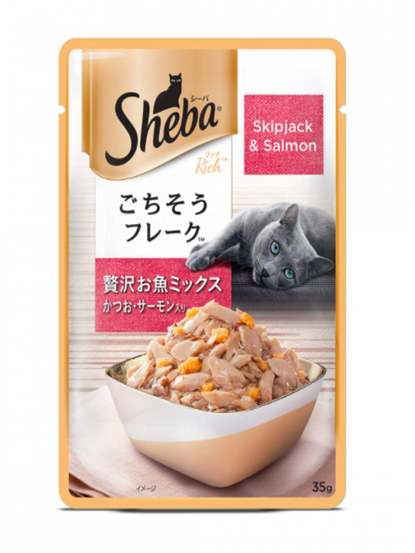 SHEBA PREMIUM GRAVY SKIPJACK & SALMON 35GM 96PCS. Catalogue Image 1